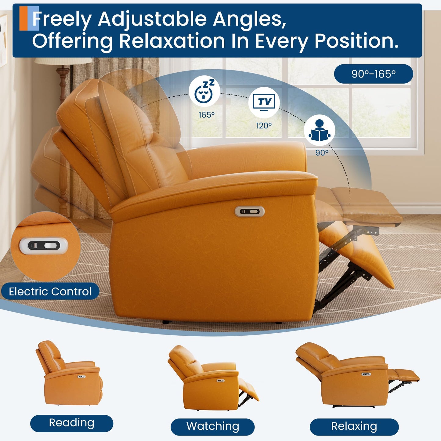 Leather Recliner Chair for Adults Power Recliner with USB Charging Ports Electric Reclining Sofa for Living Room Home Theater Seating Bedroom (Vibrant Orange)