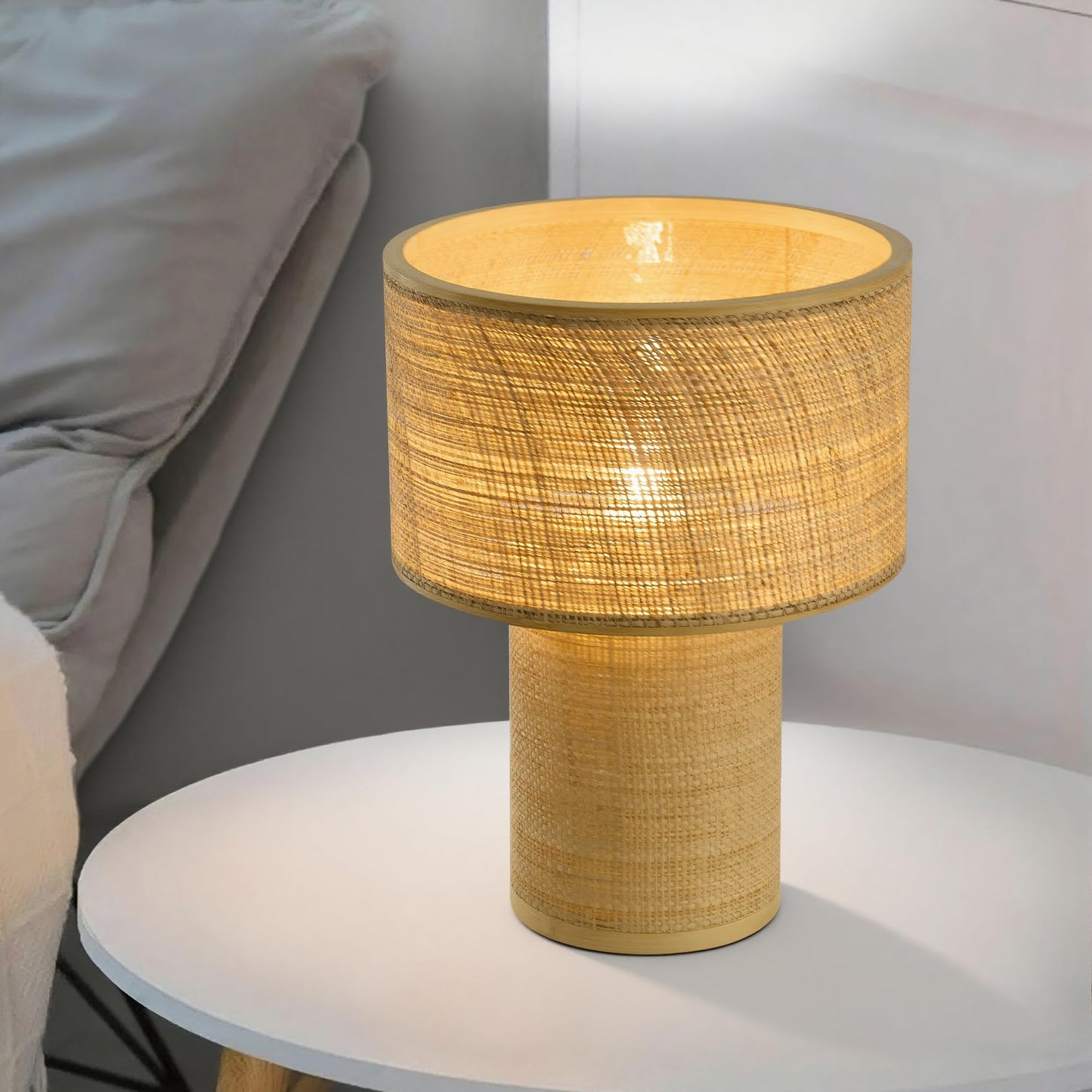 Booniture Handwoven Table Lamp, Boho Bedside Lamp with Linen Shade, Bamboo and Rattan Woven Desk Lamp for Bedroom Living Room Nightstand