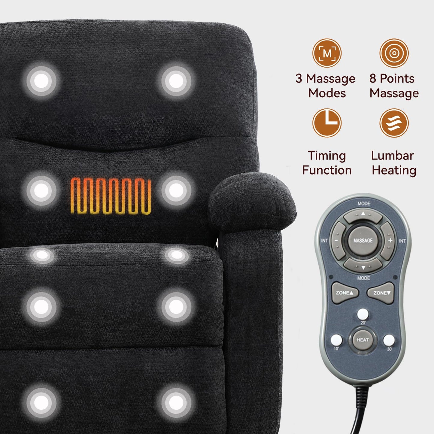 KEIKI Manual Hot Massage Recliner Chair with 360° Swivel and Rocking, 8-Point Vibration Massage & Lumbar Heat, Chenille Elderly Lazy Boy Sofa with Cup Holder for Living Room, Black