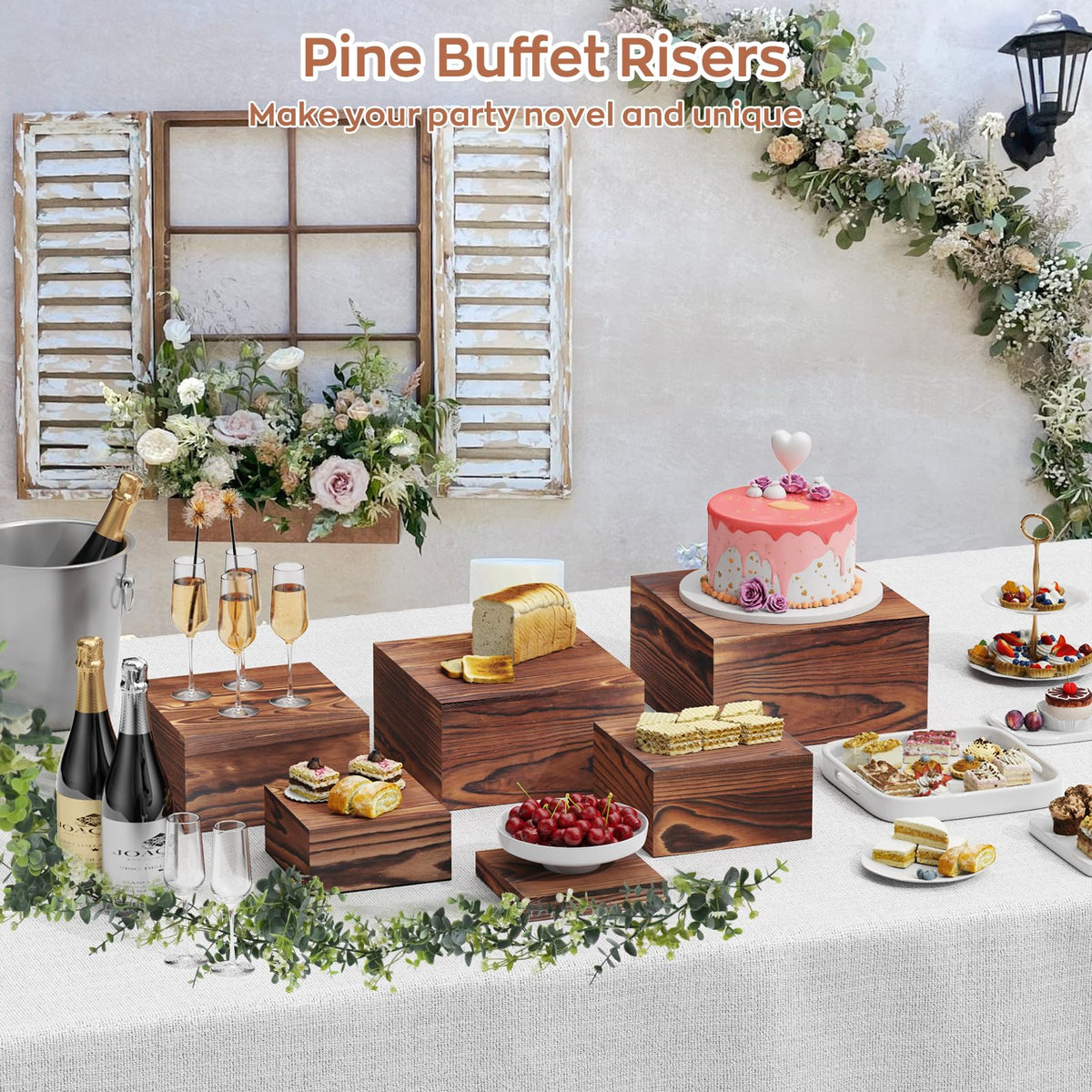 MUNNAR 6 PCS Wooden Buffet Risers, Wood Display Risers for Food, Wooden Square Risers Display Stands, Food Risers for Buffet Table (10", 9" , 8", 7", 6", 5") with 67" Faux Greenery Vine