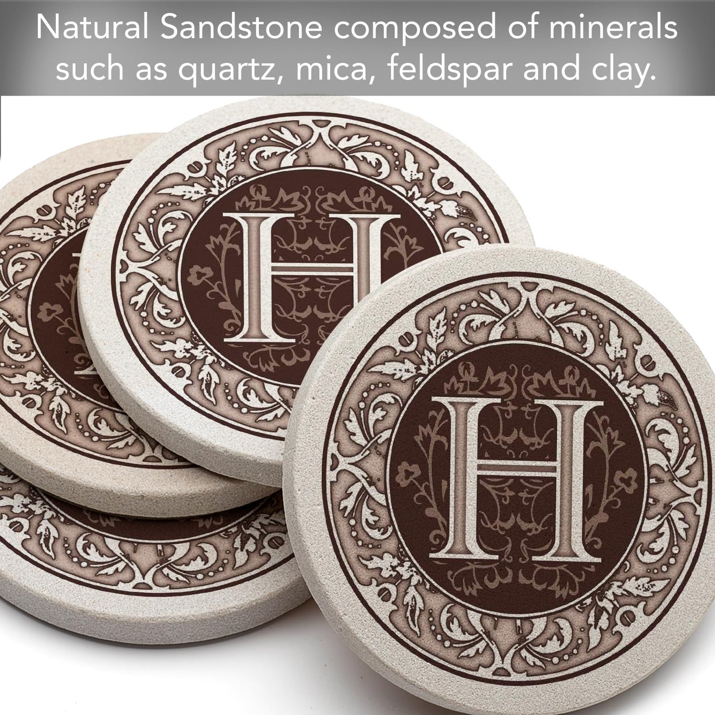 Thirstystone Monogram Letter “H” 4 Pack Sandstone Coasters Manufactured in The USA Decorative Absorbent Easily Wipes Clean