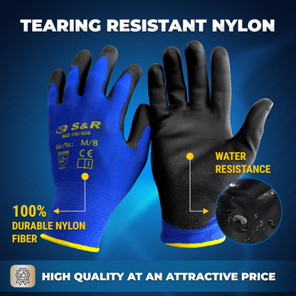 S&R Work Gloves – 12 Pairs, Nylon with PU Coating, Size XL/10 – Protective Gloves for Private & Commercial Use