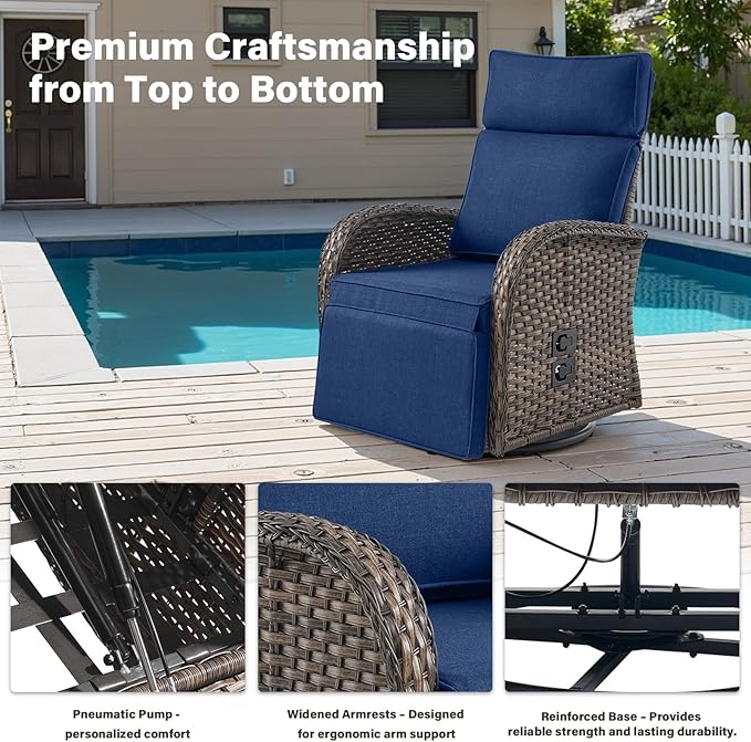 Belord Dual-Adjust Swivel Outdoor Recliner Chair Set of 3 - Reclining Patio Chair with Adjustable Backrest and Footrest, All-Weather Wicker Chaise Lounge Outdoor with Side Table for Pool Deck Brown