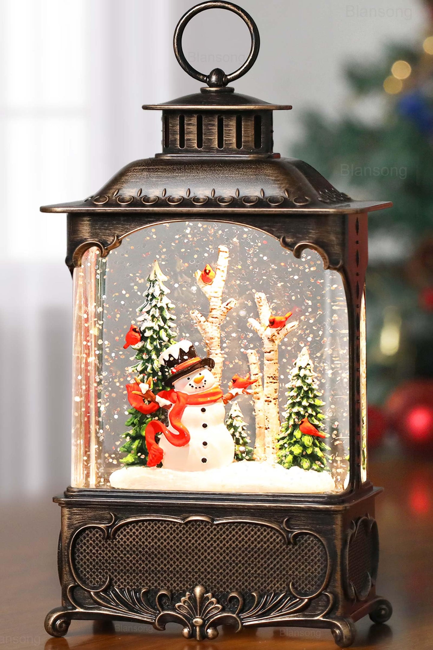 Blansong Snowman Snow Globe Lantern Christmas Decorations Gifts Auto Snowfall Glitter Music Collection Snowman Cardinal Birch Forest with 6H Timer USB/Battery Powered 10.2 inch