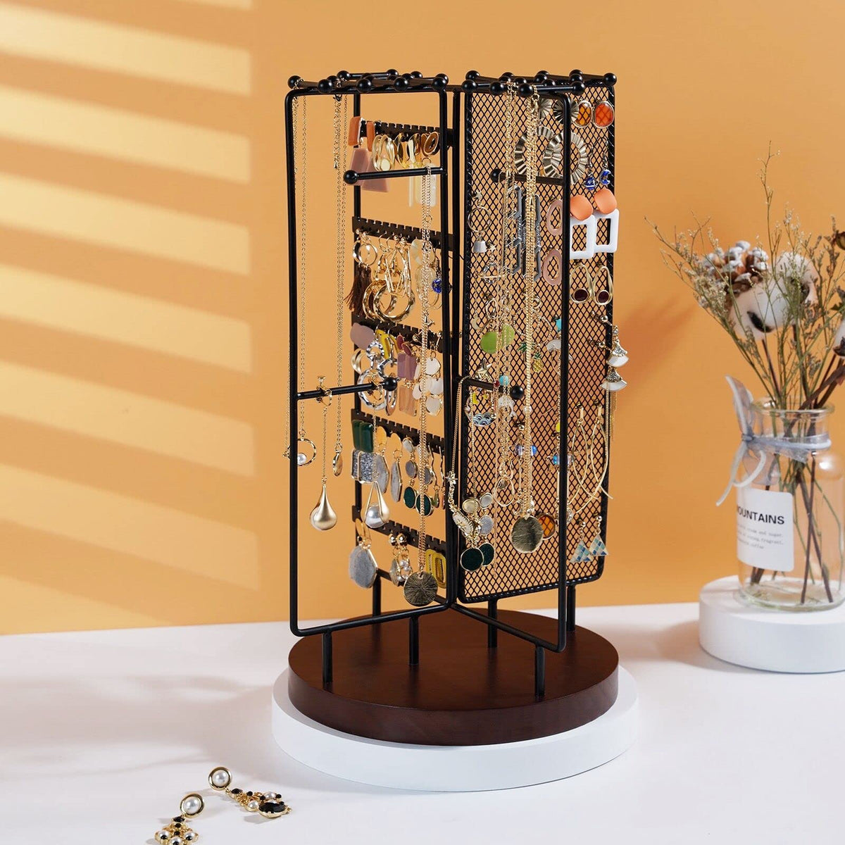 ProCase Rotating Jewelry Organizer Stand Earring Holder Organizer with 28 Necklace Hooks, Jewelry Tree Earring Stand Tower Storage Rack Bracelet Holder, Holds More than 100 Pairs Earrings -Black