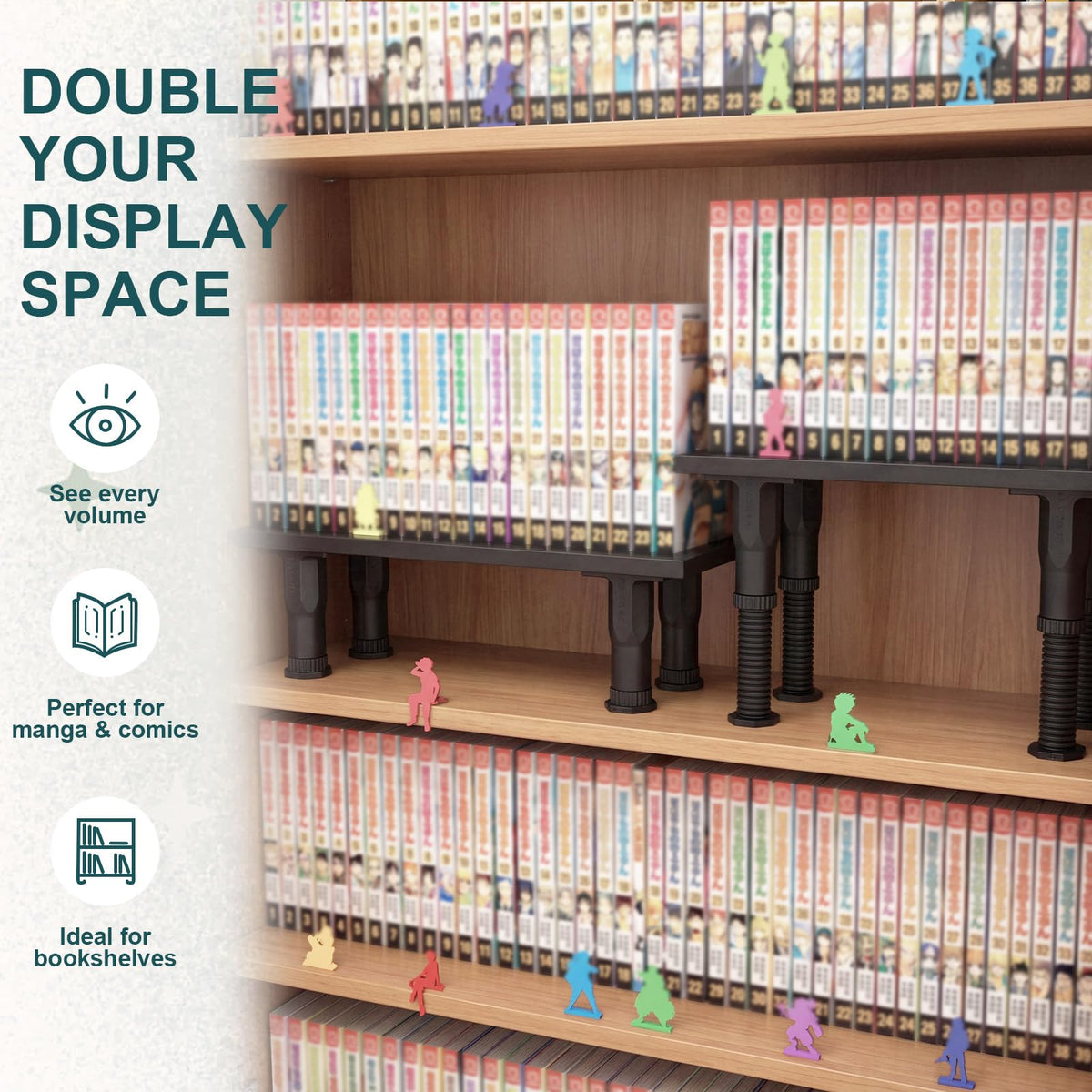 AceOrbit 14.57 x 5.12 x 5.31-8.66 in Adjustable Height, 2 Pack Bookshelf Risers, Wooden Book Shelf Riser for Manga, Comics, Books, Figures, Collectibles, DVDs and CDs, Black