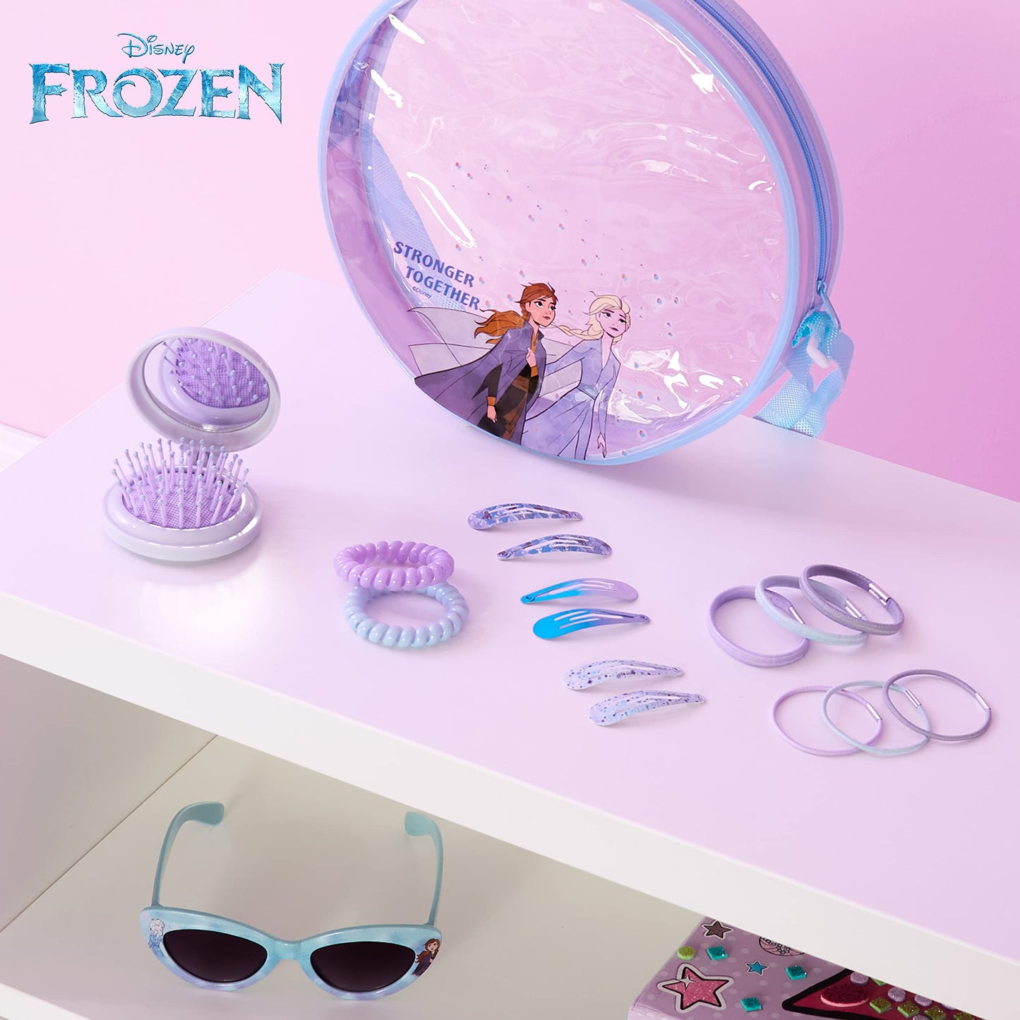 Disney Stitch Handbag for Kids Cute Shoulder Bag with UV400 Sunglasses Hair Clip Hairbands Hair Accessories for Girls Pretend Play Dress Up Stitch Gifts (Blue/Purple Frozen)