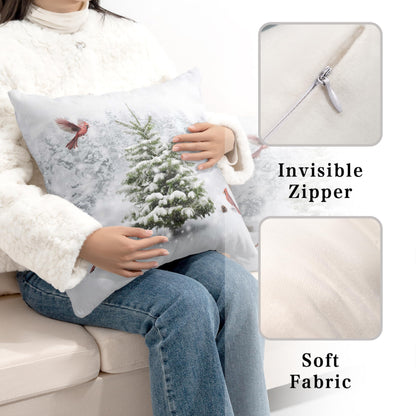 Kwlegh Winter Throw Pillow Covers 18X18 Snowy Natural Forest Decorative Pillow Case Set of 2 Green Pine Tree with Cardinal Birds Cushion Case for Couch Living Room Patio