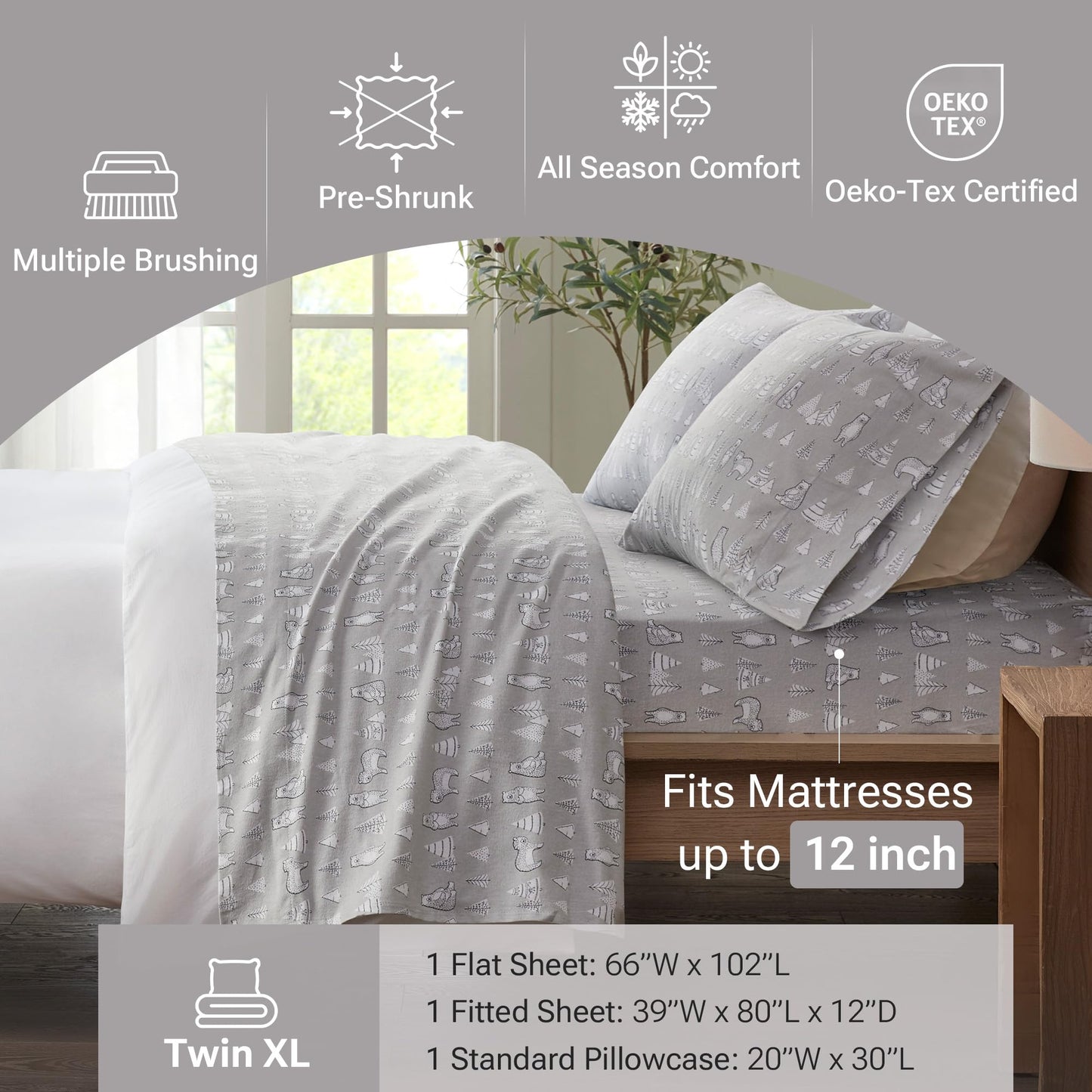 True North by Sleep Philosophy Cozy Flannel Warm 100% Cotton Sheet - Novelty Print Animals Stars Cute Ultra Soft Cold Weather Bedding Set, Twin XL, Bear 3 Piece