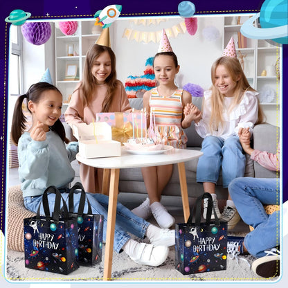 Tiamon 30 Pcs Outer Space Birthday Party Favor Bags Bulk Space Happy Birthday Gift Bags with Handles Reusable Non Woven Planet Goodie Treat Astronaut Present for Galactic Solar System Party Supplies