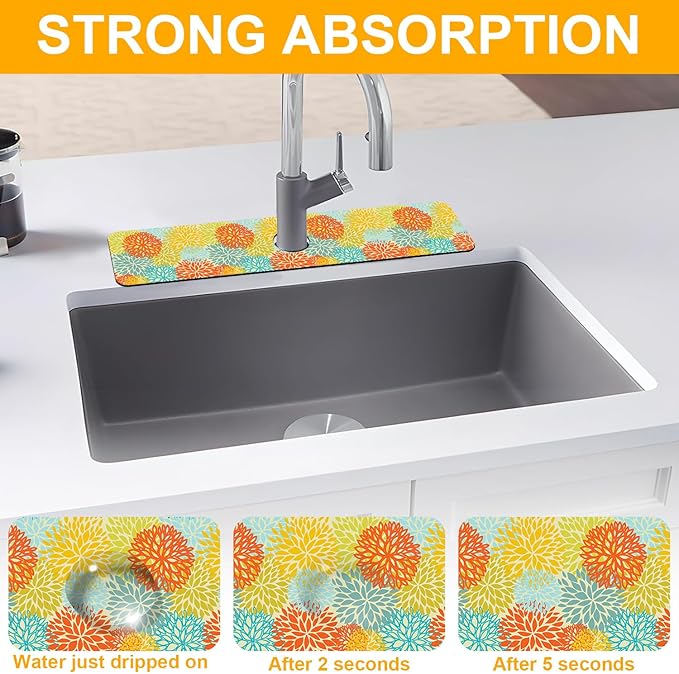 2 Pack Abstract Flowers Sink Splash Guard Faucet Mat Vintage Floral Super