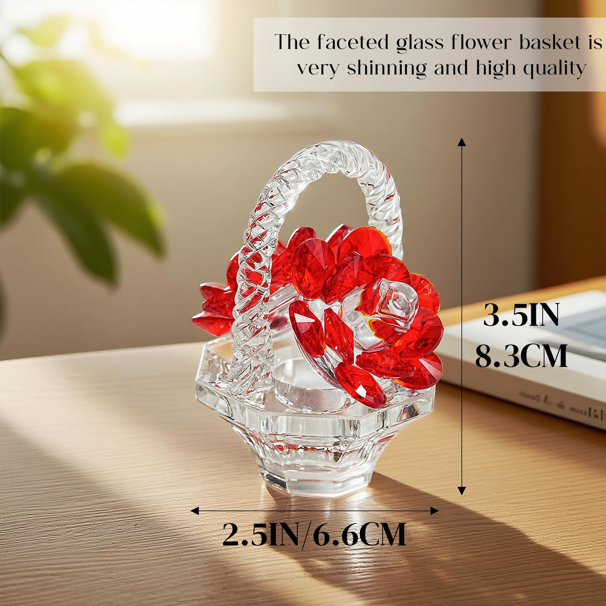 H&D HYALINE & DORA Crystal Red Rose Flower Basket Crystal Collectible Figurines Ornaments for Home Decor Table Centerpiece