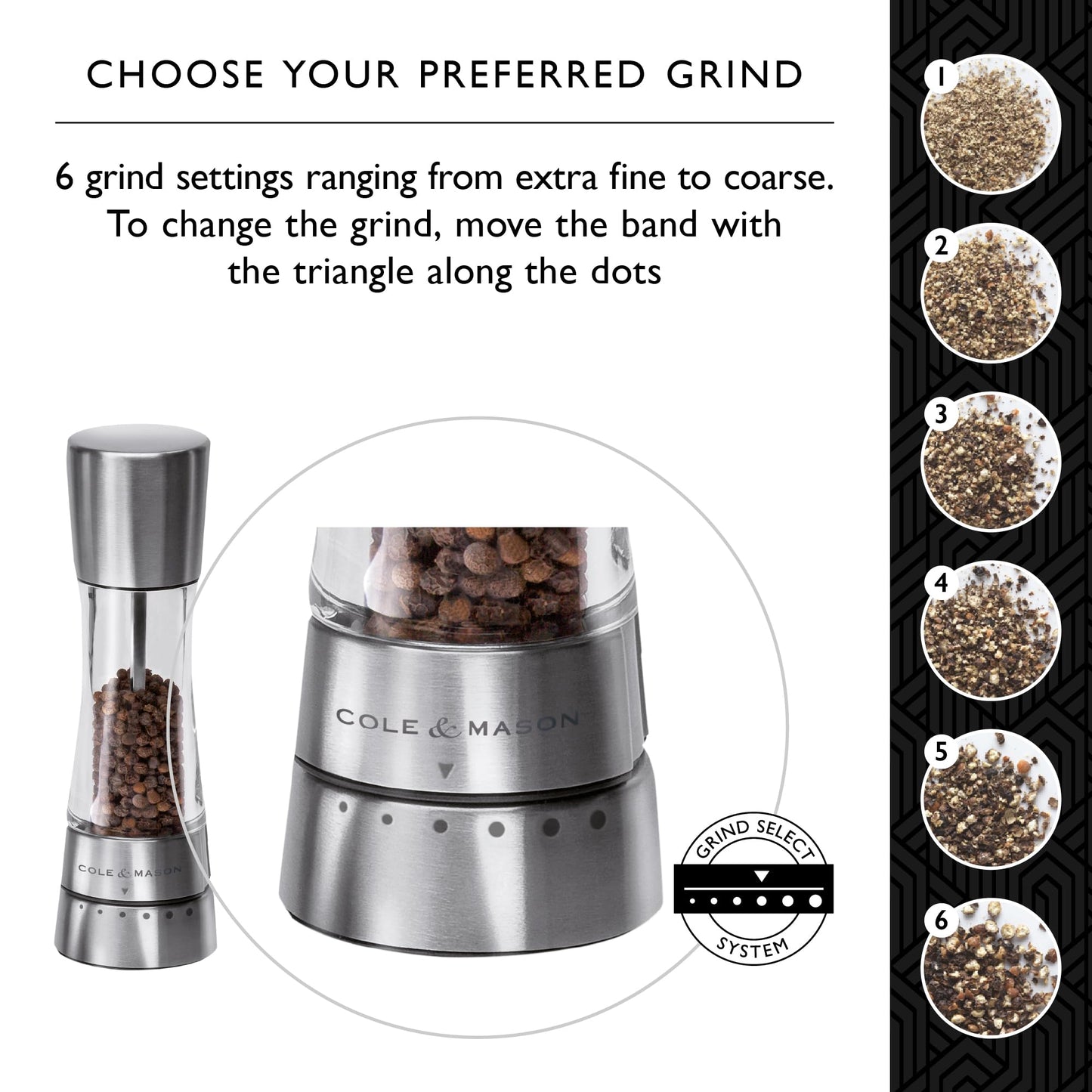Cole & Mason Derwent Salt and Pepper Mills, Adjustable Grind Settings, Gourmet Precision+, Stainless Steel/Acrylic, 190 mm, Gift Set, Includes 2 x Salt and Pepper Grinders
