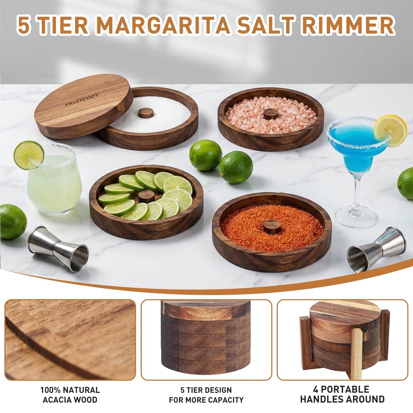 Margarita Salt Rimmer Set, 5-Tier Acacia Wood Salt Rimmer with 4 Sponges, Salt Rimmer for Cocktails, Cocktail Rimmer, Rimmers for Drinks, Glass Rimmer for Margarita Bloody Mary(Stackable Design)