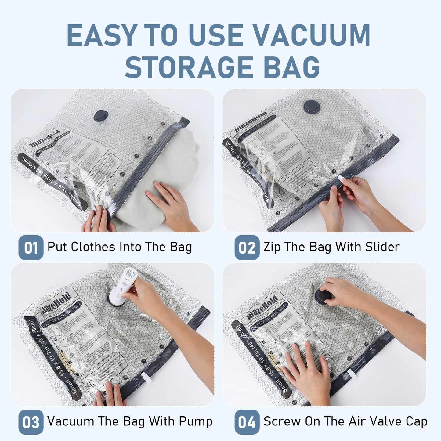 BlazeHold 20 Pack Travel Vacuum Storage Bags with Rechargeable Electric Pump, Compression Packing Seal Bag for Luggage, 5 Small + 5 Medium + 5 Large + 5 Jumbo Space Saver Bags for Clothing Travel