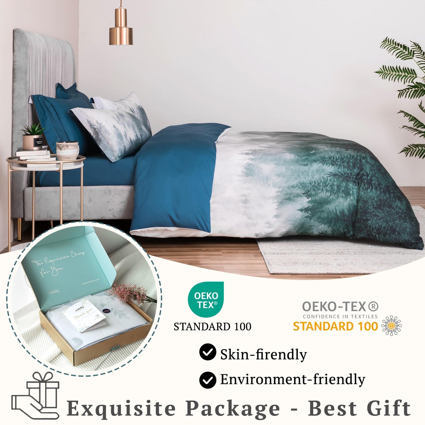 MILDLY 100% Long Staple Cotton Mountain Duvet Cover Set, Blue Green Gradient Trees Pattern Printed Comforter Cover Set