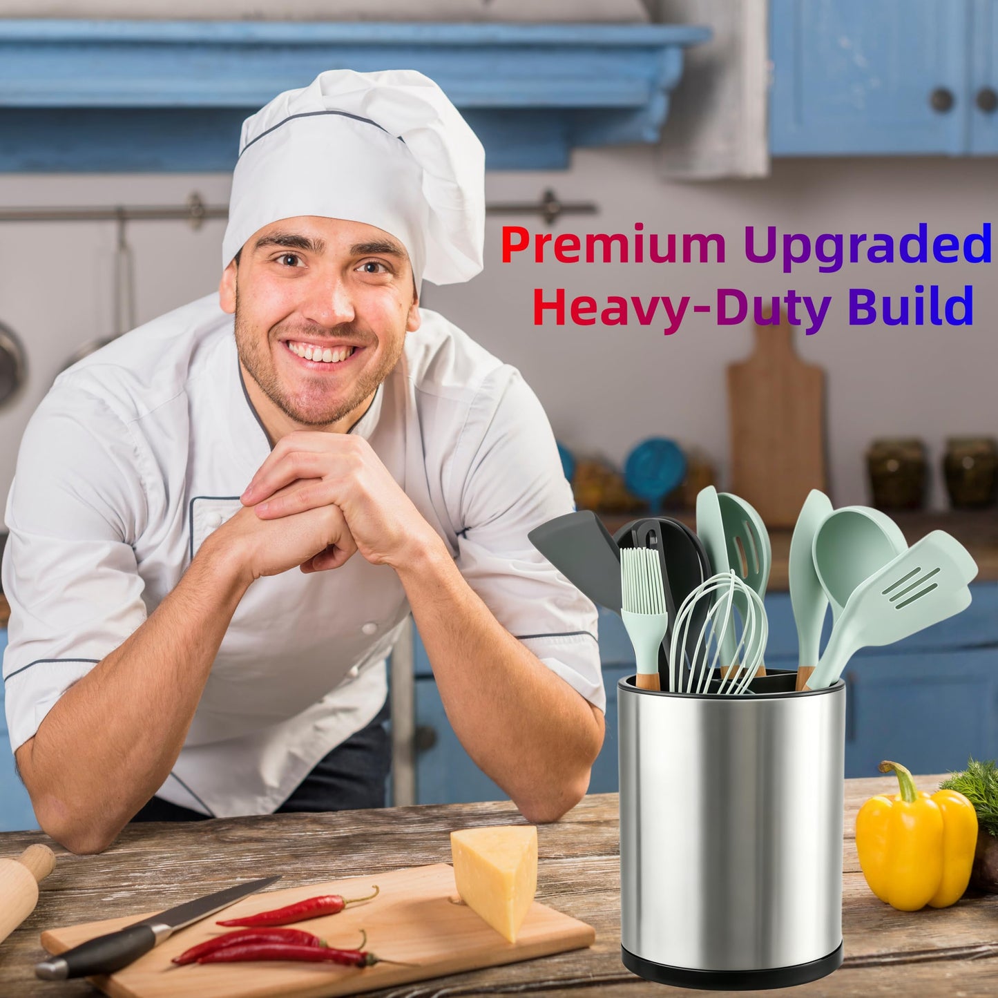 LIBODOUR Kitchen Utensil Holder Extra Large 360°Rotating For Counter Organizer Stainless Steel Storage Cooking Silverware Caddy 3 Compartment Flatware Spoon Spatula Tool Cutlery Container（Silvery）