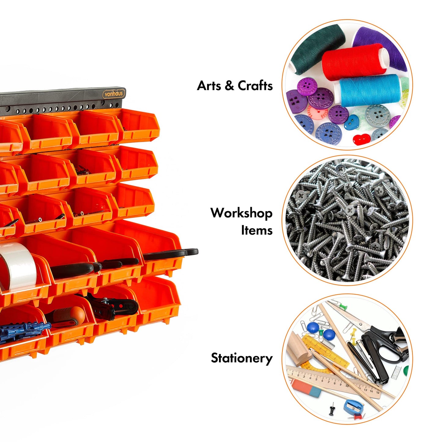 VonHaus 30 Pcs Wall Mount Storage Organiser Bin Panel Rack - DIY Tool Bits Boxes
