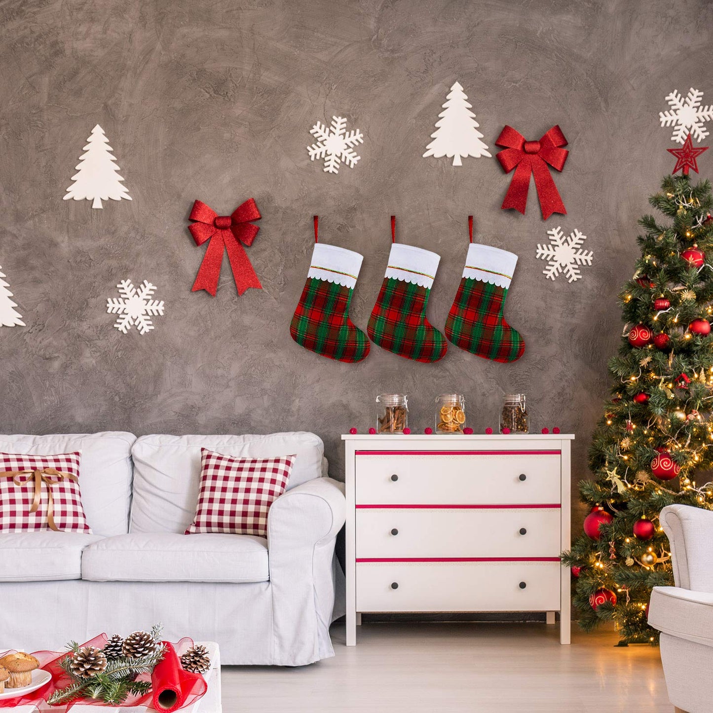 URATOT 12 Pack 15 Inches Christmas Stockings Red and Green Plaid Pattern Felt Christmas Holiday Stockings Christmas Tree Hanging Ornaments Xmas Fireplace Decoration Set
