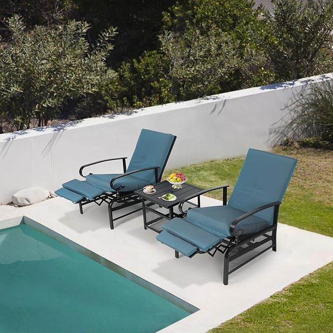 Oakcloud Adjustable Outdoor Lounge Chair Metal Patio Relaxing Recliner Chair with Removable Cushions(Peacock Blue)