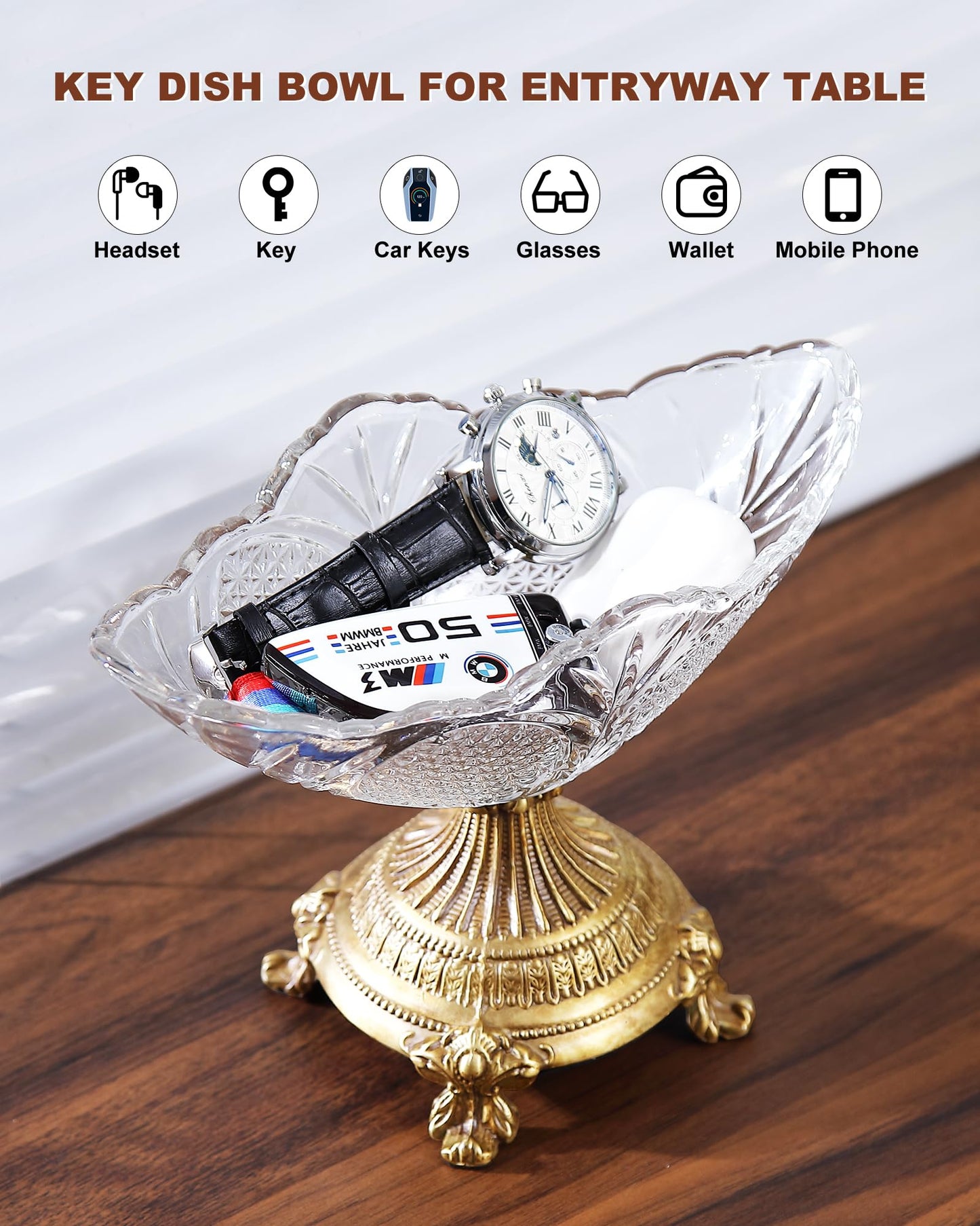 gloriousliving Small Glass Fruit Bowl，8" Decorative Bowl,Decorative Glass Bowl with Gold Pedestal, Kitchen Counter Fruit Bowls for Fruit Vegetable Candy and Key
