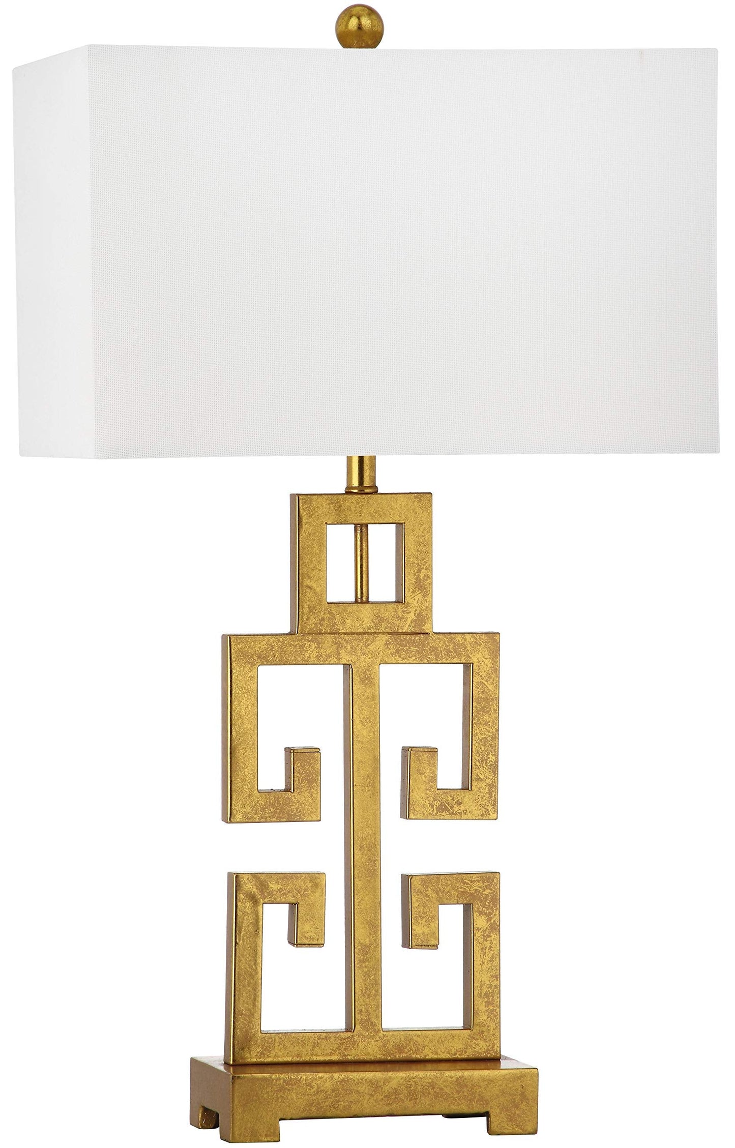 SAFAVIEH Lighting Collection – Greek Key Table Lamp – Antique Gold Metal Base with White Fabric Shade, LED Bulb Included, 29-Inch Bedroom Living Room Desk Lamps (LITS4305A)