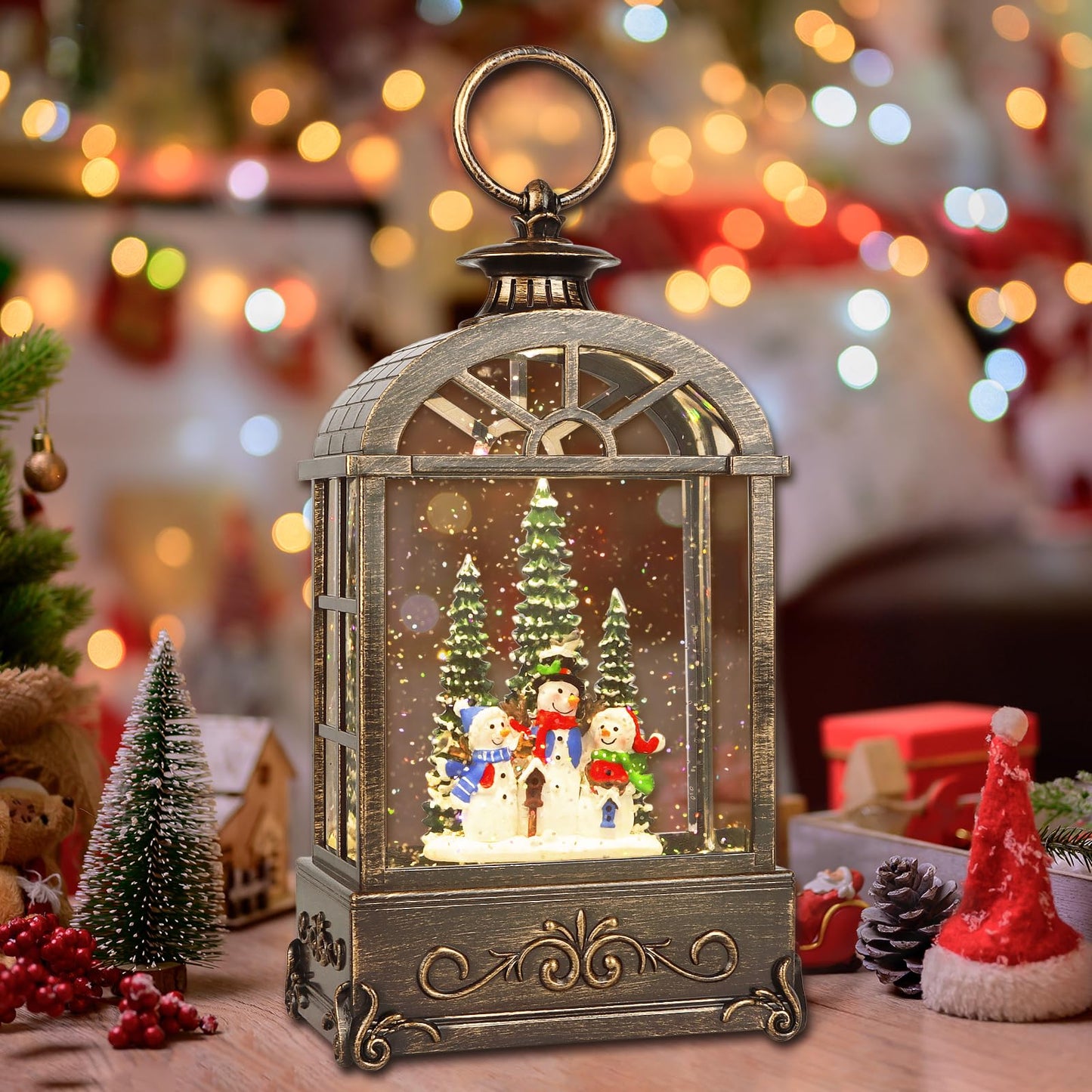 LSISOVO Christmas Snow Globe Lantern,Christmas Decorations Indoor for Home,with 6 Hour Timer Musical Snow Globes,Battery Or USB Powered Swirling Glitter Lantern Christmas Decor Gifts,Snowman Family