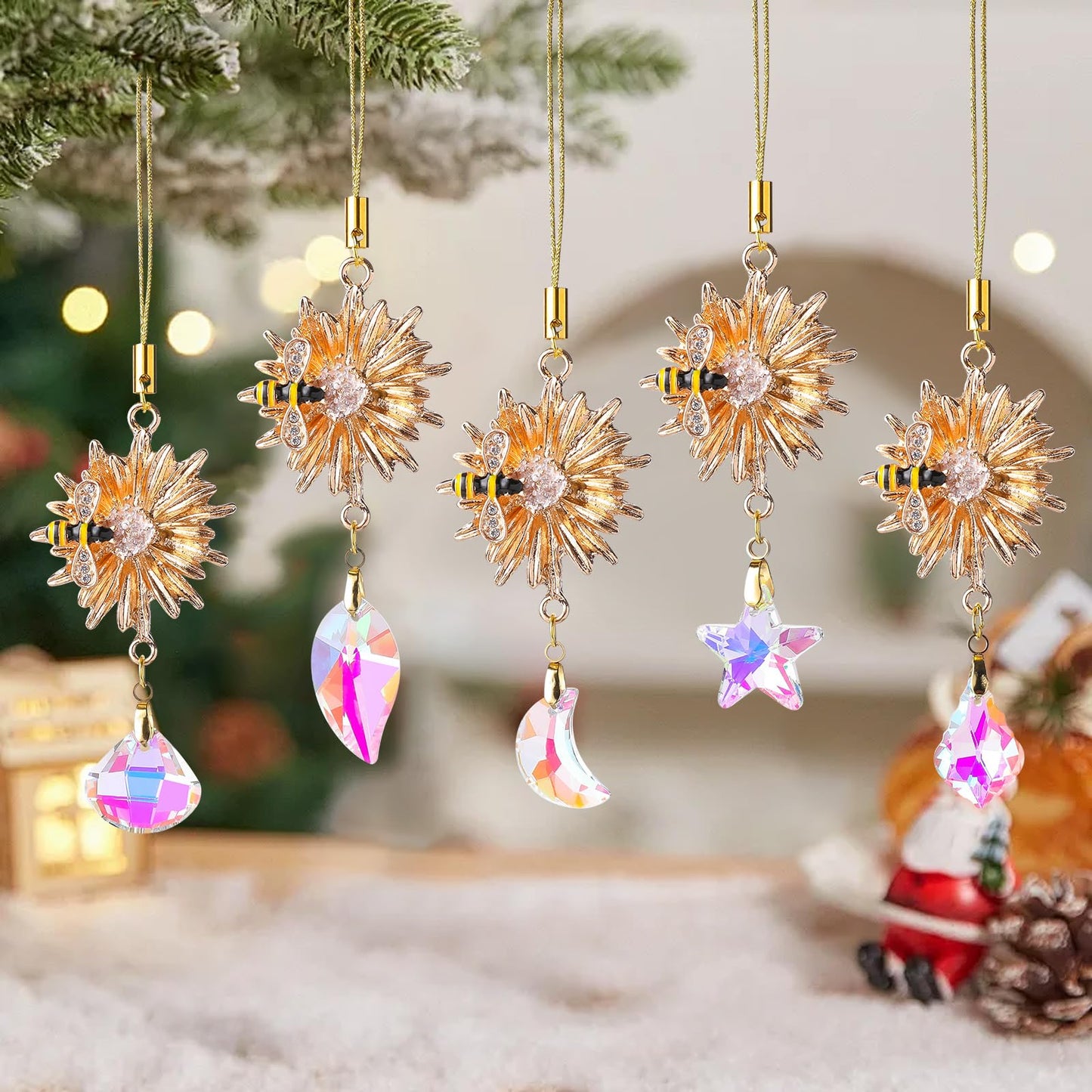 5Pcs Crystal Suncatchers Glass Prisms Christmas Tree Decorations Gold Flower Bee Hanging Crystal Ornament Wedding Party Home Decor