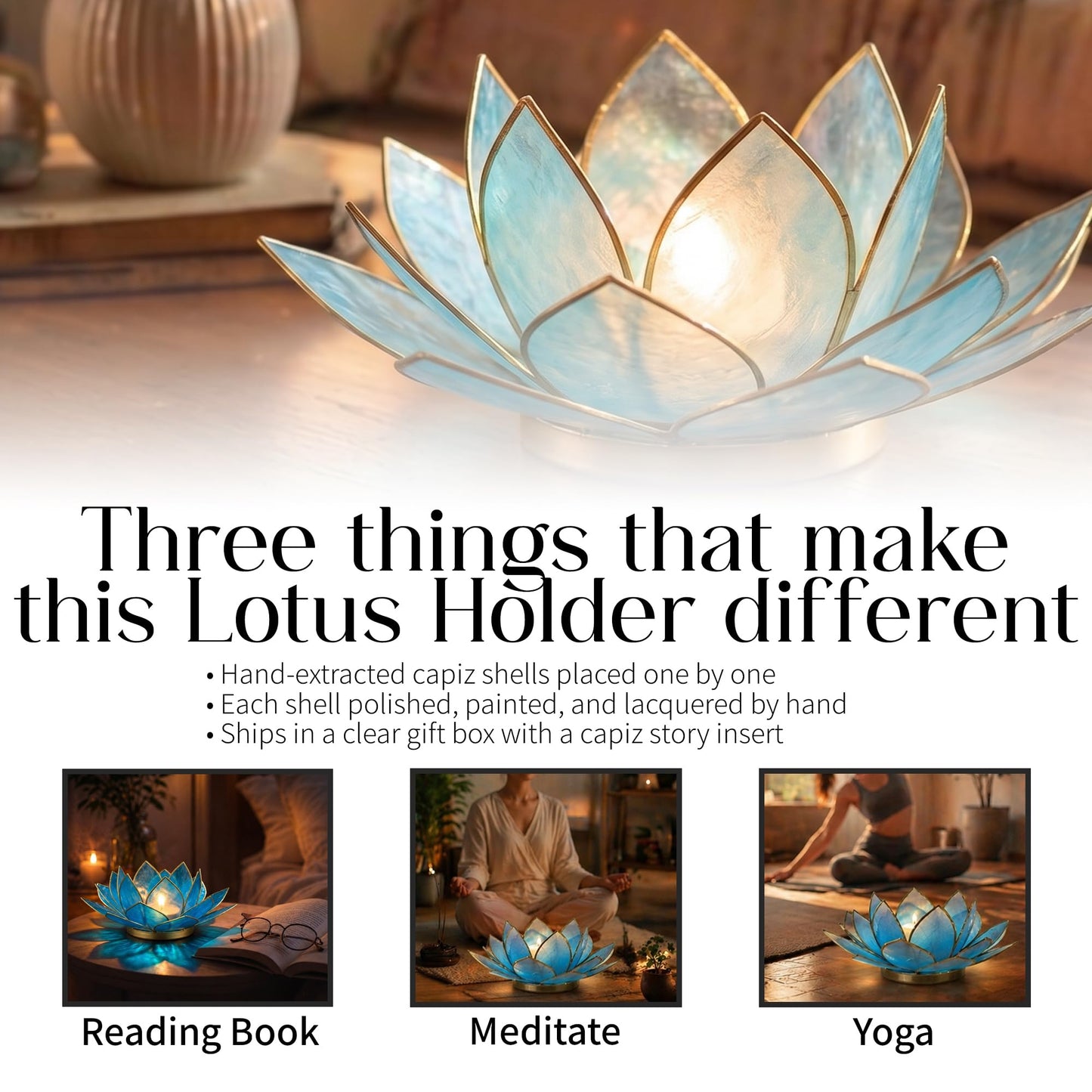 OM Gallery Gemstone Lotus Tealight Holder - Handcrafted Capiz Shell Design for Soft Glow, Elegant Home & Table Decor, Wedding Centerpieces, Votive Candle Styling, and Thoughtful Gifting - Turquoise