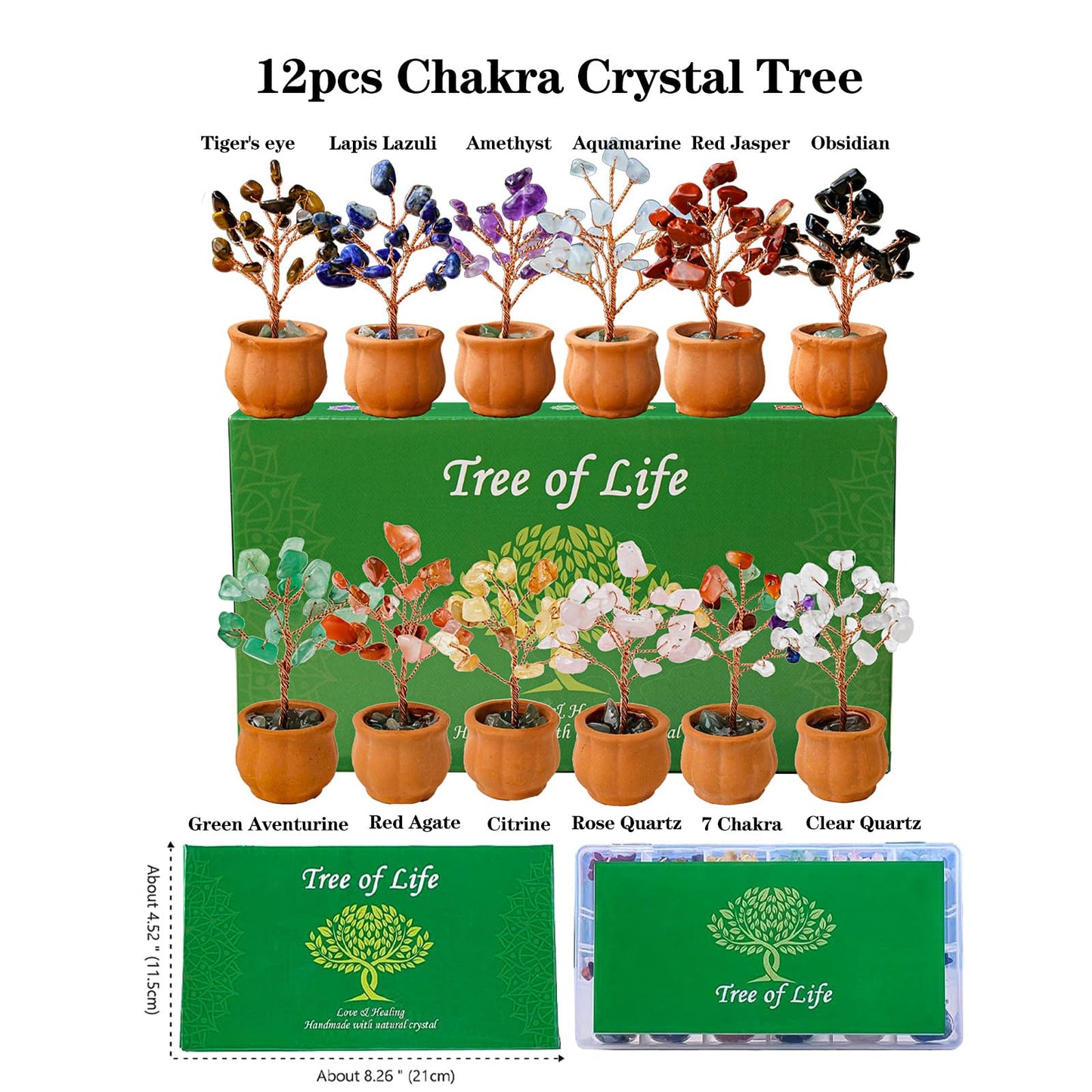 Runyangshi 12pcs Crystal Tree Set Tree of Life Natural Crystal Stones with Bonsai Base Gemstone Trees Fengshui Good Luck Positive Energy Home Decor