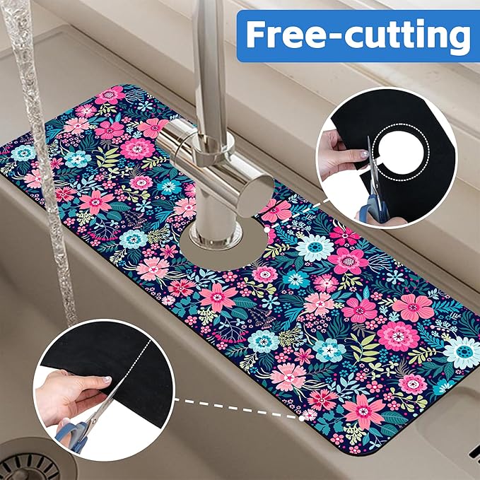 Modern Blue and Pink Floral Sink Faucet Absorbing Mat Sink Splash Guard Faucet
