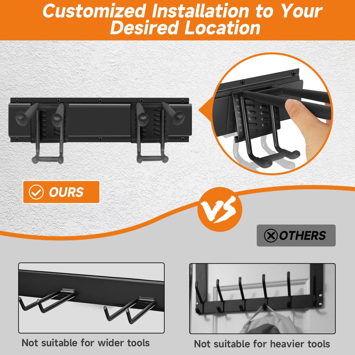 WEZAFO Garage Tool Organizer Wall Mount, Heavy Duty 48 Inches Garage Organization and Storage Racks for Yard Tools with 6 Hooks, Tool Hangers Holders for Hanging Folding Chair, Rake and Shovel