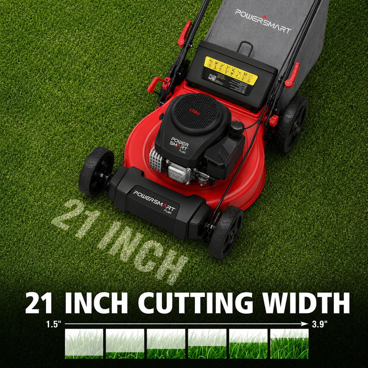 PowerSmart 21-Inch 3-in-1 Gas Self-Propelled Lawn Mower,170CC OHV Engine,Bagging/Mulching/Rear Discharging, 6 Cutting Heights, Durable Steel Deck, Rear-Wheel Drive, for Garden, Yard,