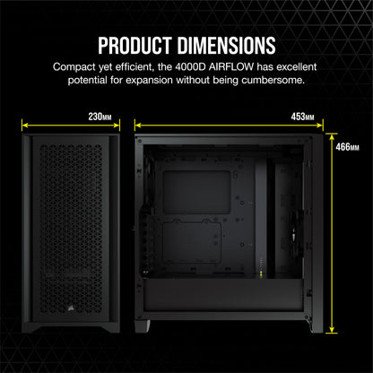 Corsair 4000D AIRFLOW Tempered Glass Mid-Tower ATX Case - High-Airflow - Cable Management System - Spacious Interior - Two Included 120 mm Fans - Black