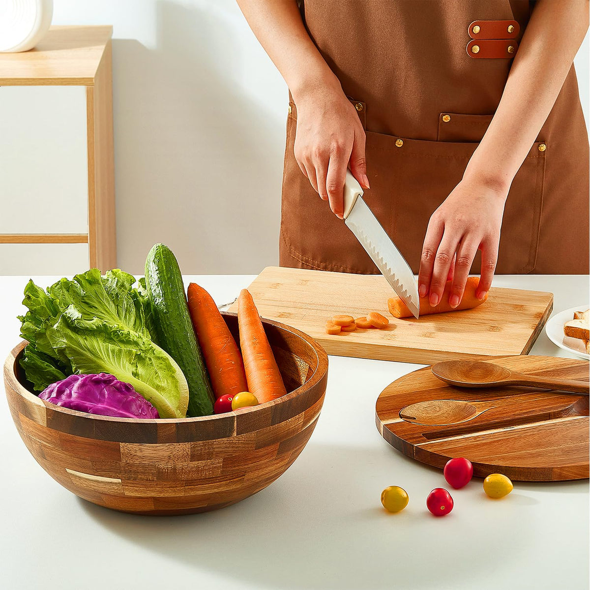 JOYMAY Salad Bowls Wood Salad Bowl Set with Lid 11.8 Inch Large Wooden Bowls Set Acacia Wood Serving-Bowl with Serving Utensils Bowl for Kitchen, Dining, Party