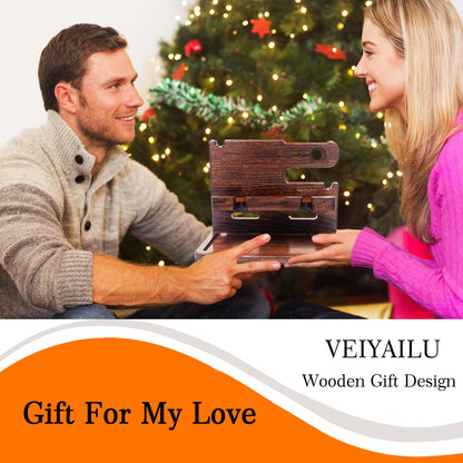 VEIYAILU Gifts for Men Women Dad Husband Boyfriend Wood Phone Docking Station Nightstand Organizer for Men Birthday Gifts (Dark Brown)