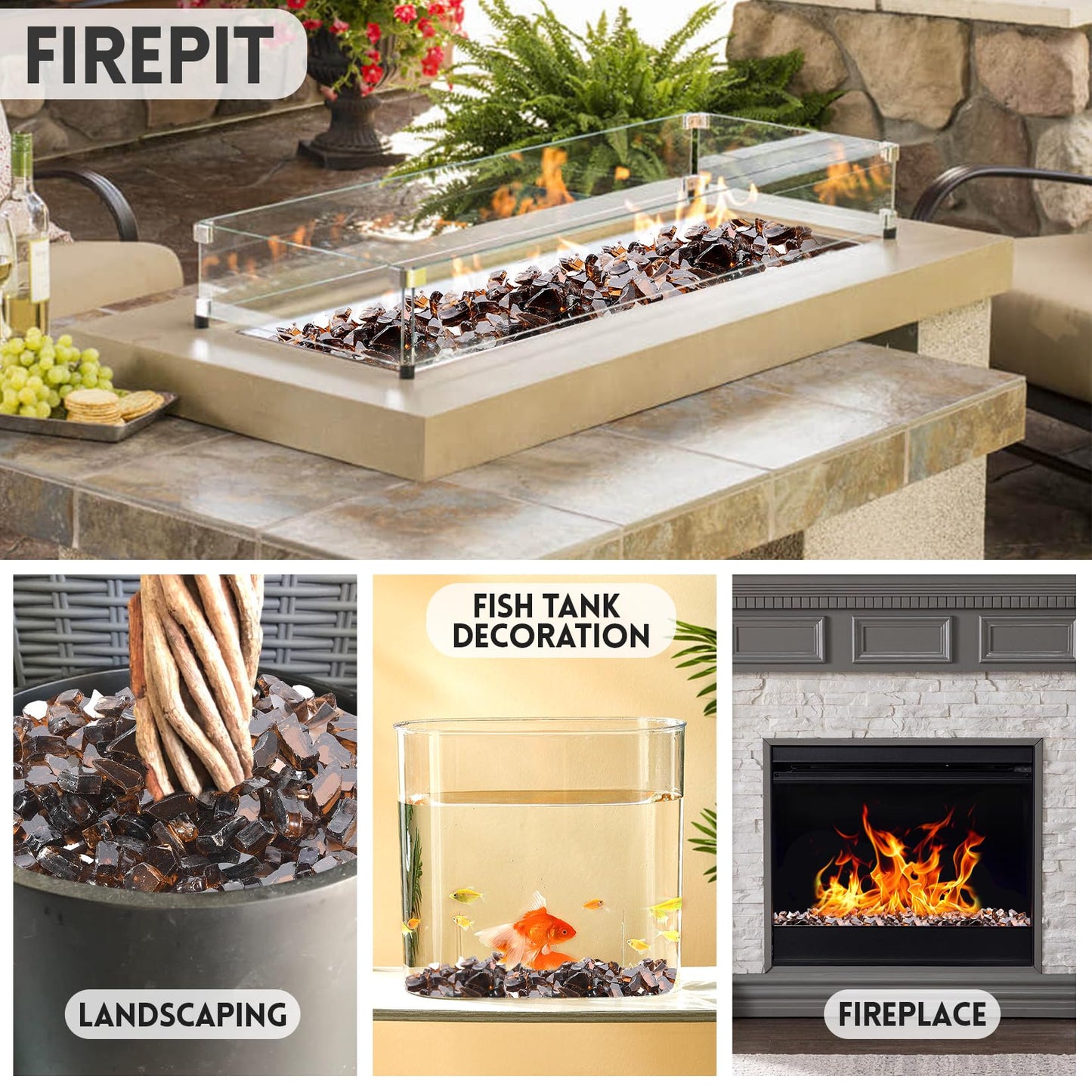 vchin Fire Pit Glass Rocks 20 Pounds, Copper Fire Glass for Propane Fire Pit, Fireplace and Outdoor Decorative. 1/4 Inch Reflective Fire Glass Beads