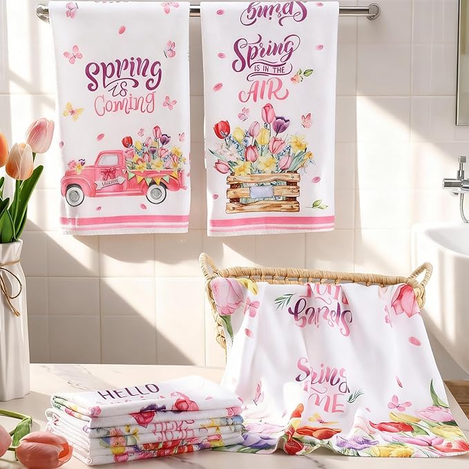 Breling Set of 6 Spring Kitchen Towels Tulip Dish Towel Flower Bathroom