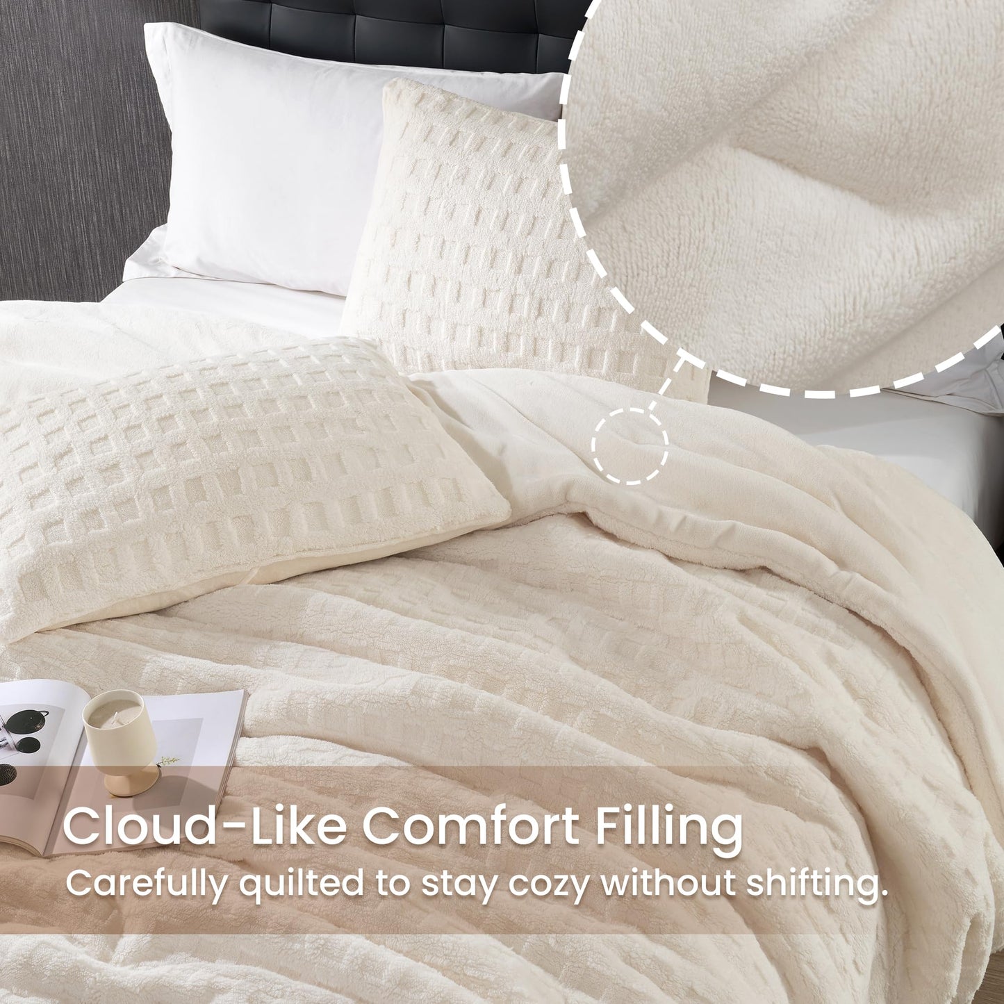 Amélie Home Fleece Comforter Set Size, Beige Waffle Textured Fleece Comforter Set, Super Warm Fluffy Plush Bedding Set, 3 Pieces,1 Cozy Comforter and 2 Pillowcases