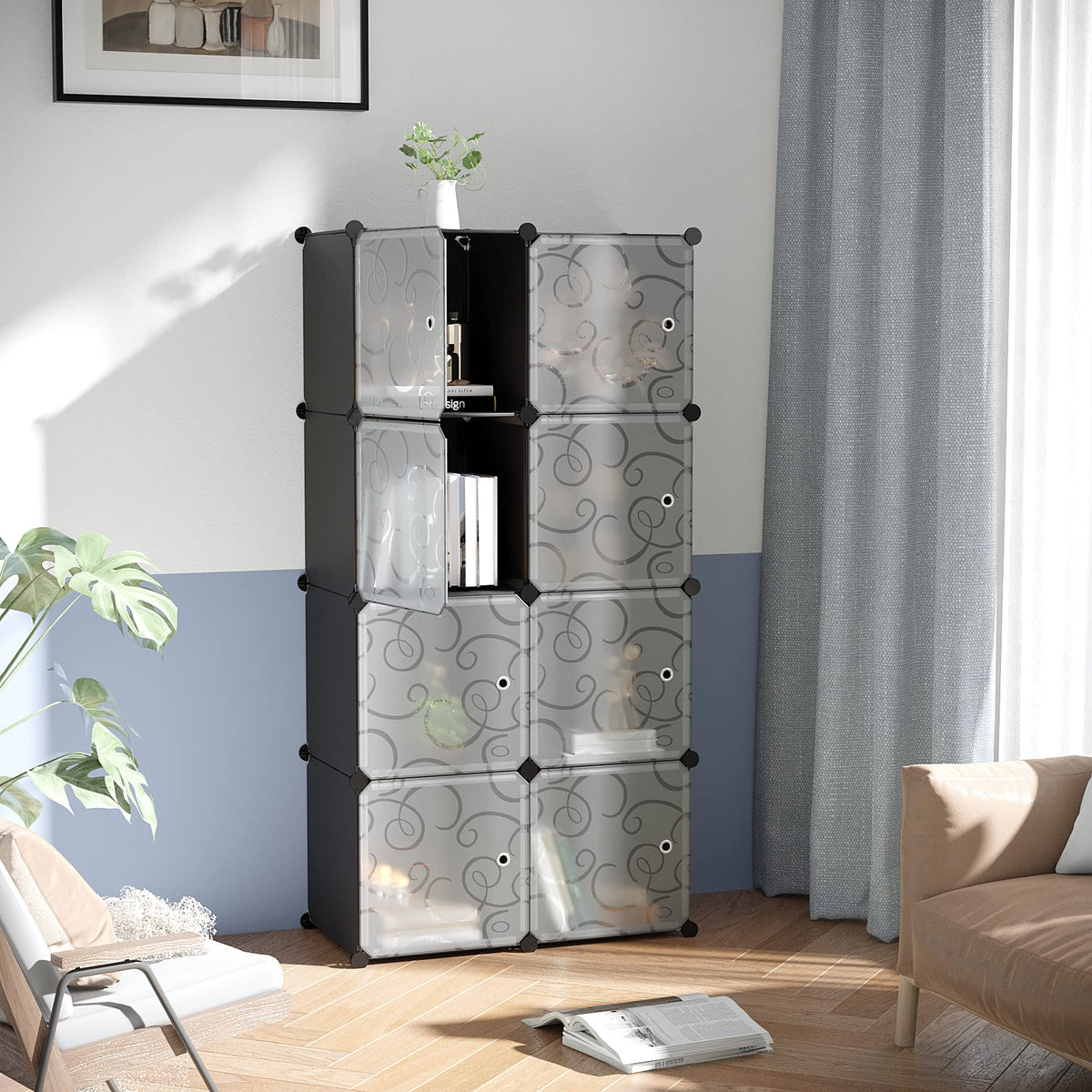 C&AHOME Cube Storage Organizer with Doors, 8-Cube Shelves, Closet Cabinet, DIY Plastic Modular Bookshelf, Storage Shelving Ideal for Bedroom, Living Room, 24.8" L × 12.4" W × 48.4" H Black UGSHS3008A