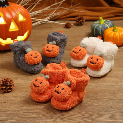 Ohwawadi Baby Booties Cozy Fleece Infant Baby Christmas Halloween Pumpkin Slippers Soft Bottom Warm Cartoon Socks Newborn Crib Shoes