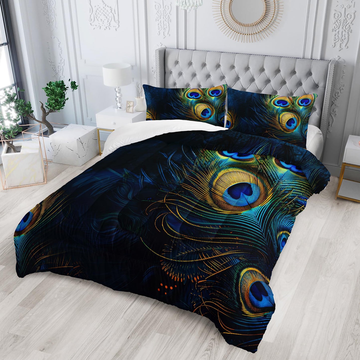 Tuzaovy Peacock Feather Queen Bedding Set - Boho Comforter for Girls, Bohemian Gothic Decor, Western Hippie Animal Print Black