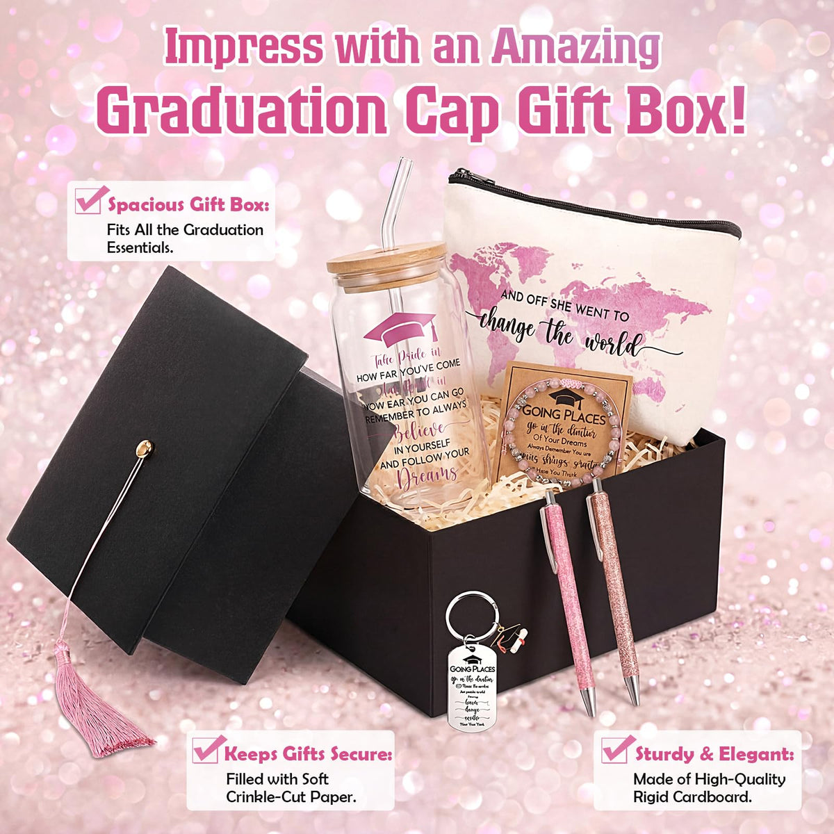 Vesici 8 Pcs Class of 2026 Graduation Gift Box Set for Women Her Grad Cap Box Glass Cup Makeup Bag Bracelet Pen Keychain College High School Graduation Gift for Daughter Sister Friend(Pink)