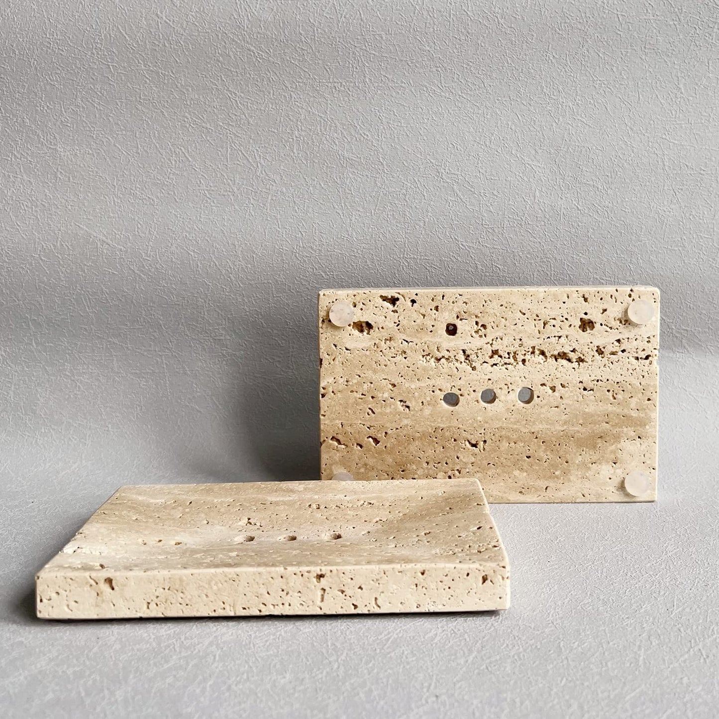 StonePlus Natural Smooth Real Marble Soap Dish/Facial Sponge Holder/Bathroom Makeup Sponge Tray with Draining Hole (Beige Travertine)