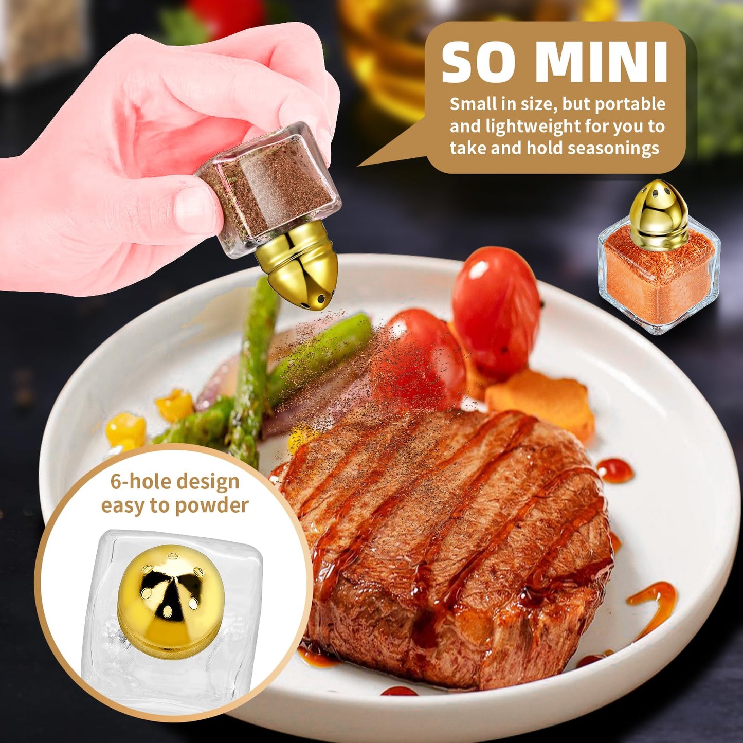 12 Pcs 0.5 oz Cube Shape Small Salt and Pepper Shakers Clear Mini Glass Seasoning Jars Spice Salt Shakers with Funnel and Storage Rack for Wedding Party Restaurant Home Kitchen (Gold)