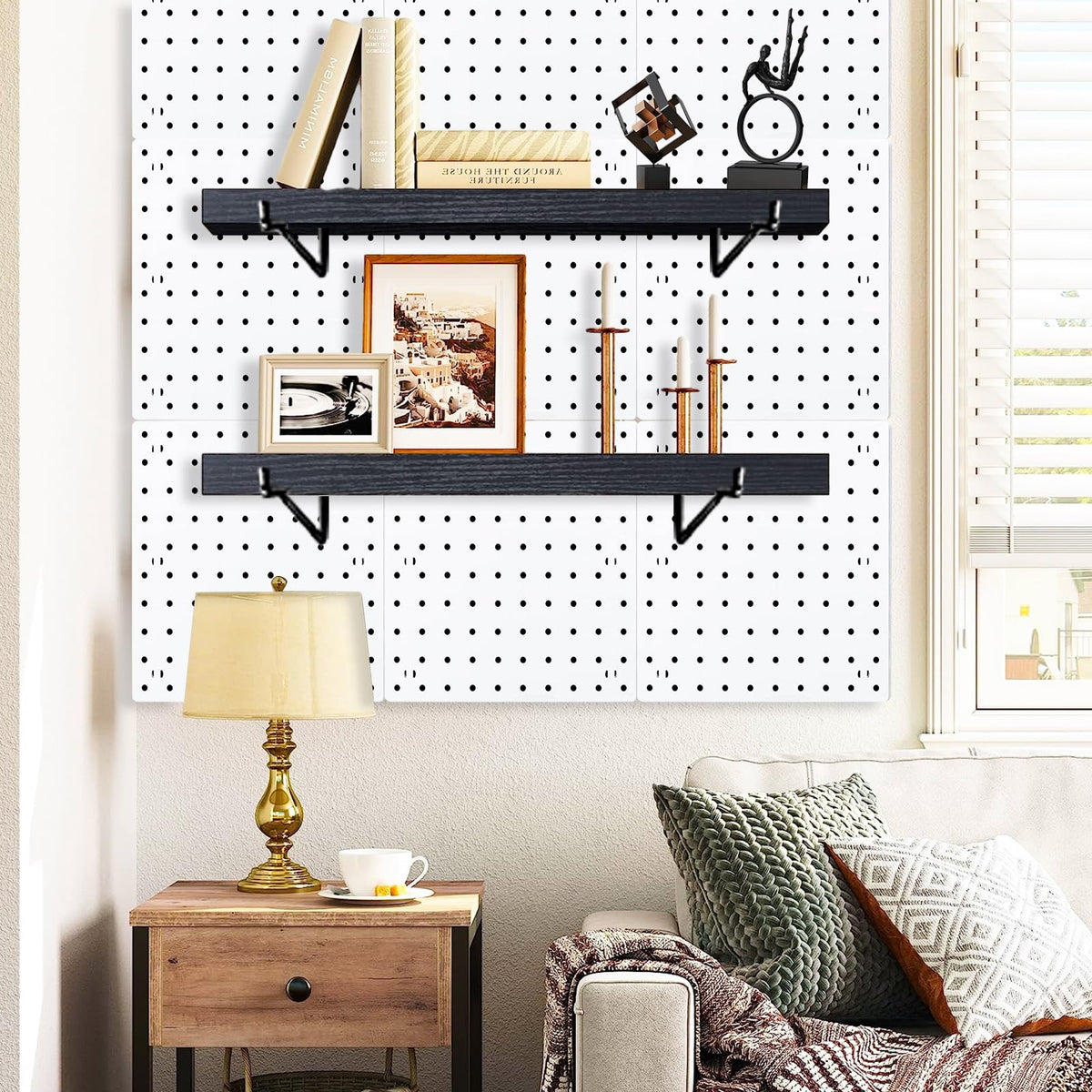 Black Pegboard Shelf, 8 Pack Wooden Pegboard Shelves with Metal Brackets Hooks, Heavy Duty Peg Board Organizer Shelves, Pegboard Accessories Organizer for Crafts Room, Garage, Workbench, Office