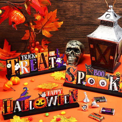 3 Pieces Halloween Table Decorations - Pumpkin Centerpiece, Boo Spooky Wood Sign, Trick or Treat Witch Hat Decor for Party, Living Room, Kitchen, Office, Bar