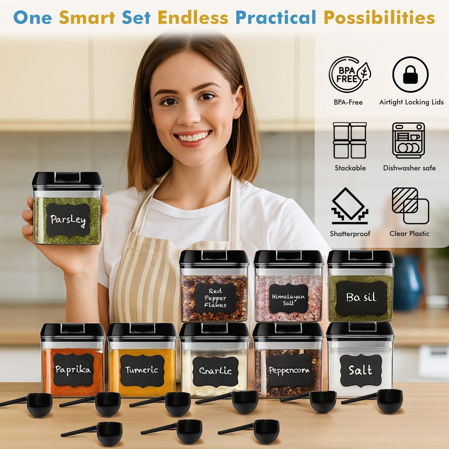 Shazo 9 PC Airtight Food Storage Containers - BPA Free Clear Plastic Snack & Spice Containers with Easy Lock Lids - Kitchen and Pantry Organization for Herbs, Coffee, Tea - 0.5L / 2.1 Cups