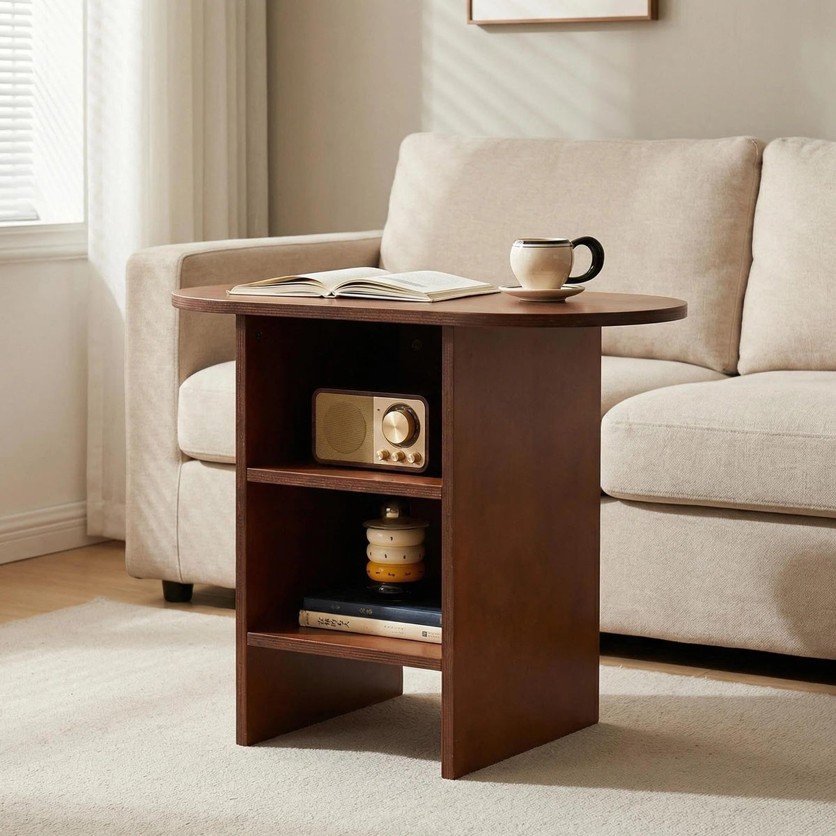 JAYULOR Wooden End Table, Small Side Table with Open Storage, Walnut
