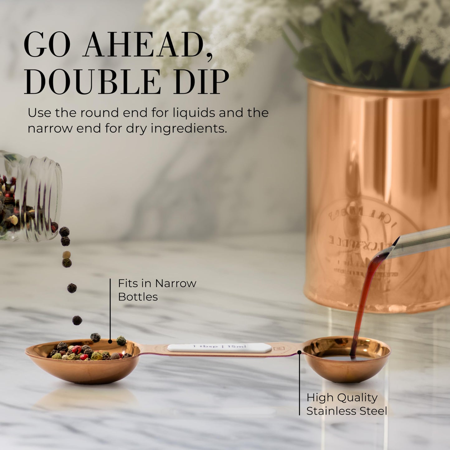 Copper Measuring Spoons Set with Leveler – 8-Piece Double-Sided Nesting Magnetic Measuring Spoons, Stackable & Spice Jar Friendly – Stylish Copper Kitchen Accessories and Decor for Baking and Cooking